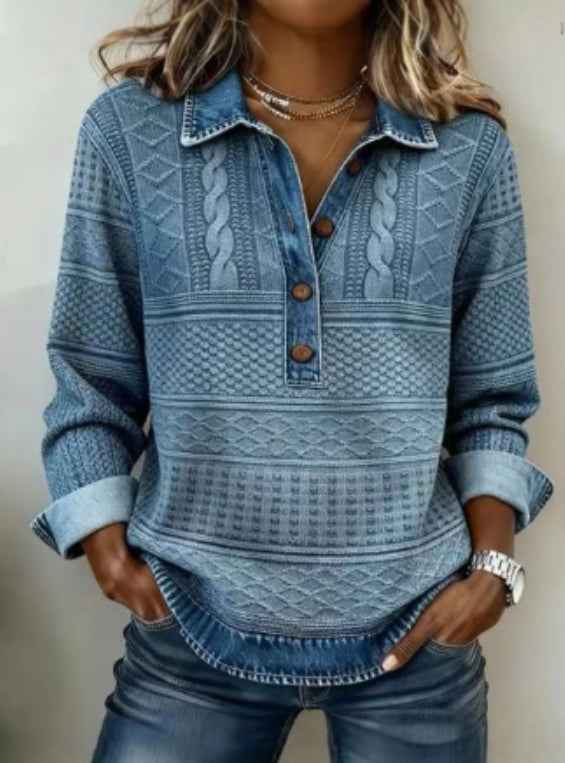 Womens Retro Printed Stand Collar Long-Sleeve Top - VEX CLUB HOUSE