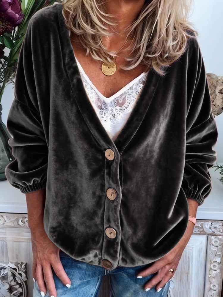 Womens Casual V-neck Long-sleeve Solid-color Cardigan Top - VEX CLUB HOUSE
