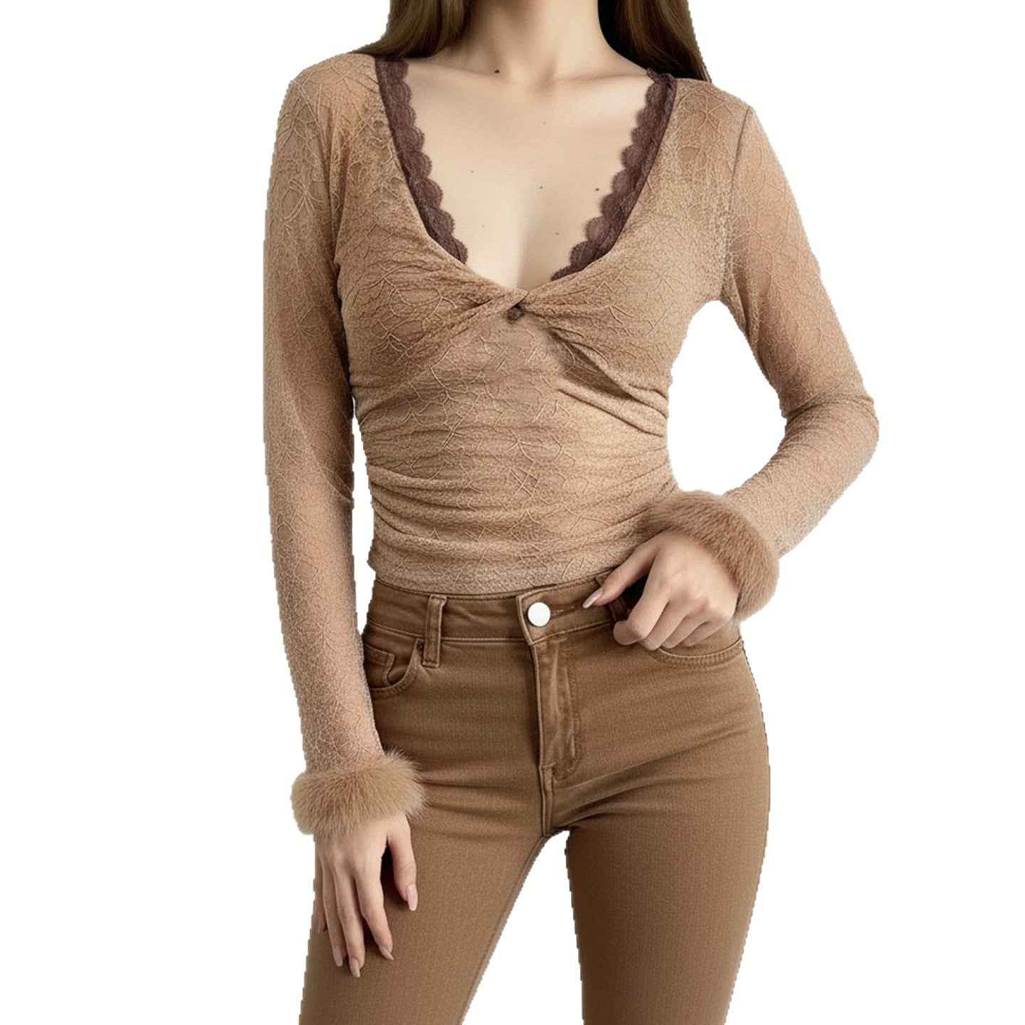 Soft-style Twist V-neck Lace Base Top Sexy, Figure-hugging Sweater With Fluffy Fabric Accents For A Sassy Look - VEX CLUB HOUSE