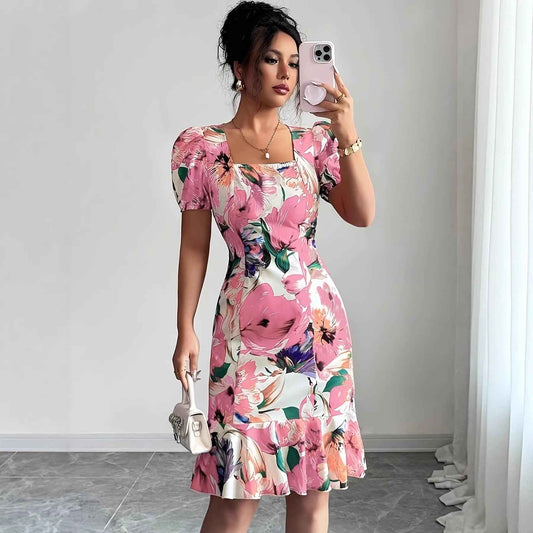 Womens Retro Square-Neck Puff-Sleeve Waist-Cinching Ruffle-Trim Dress - VEX CLUB HOUSE
