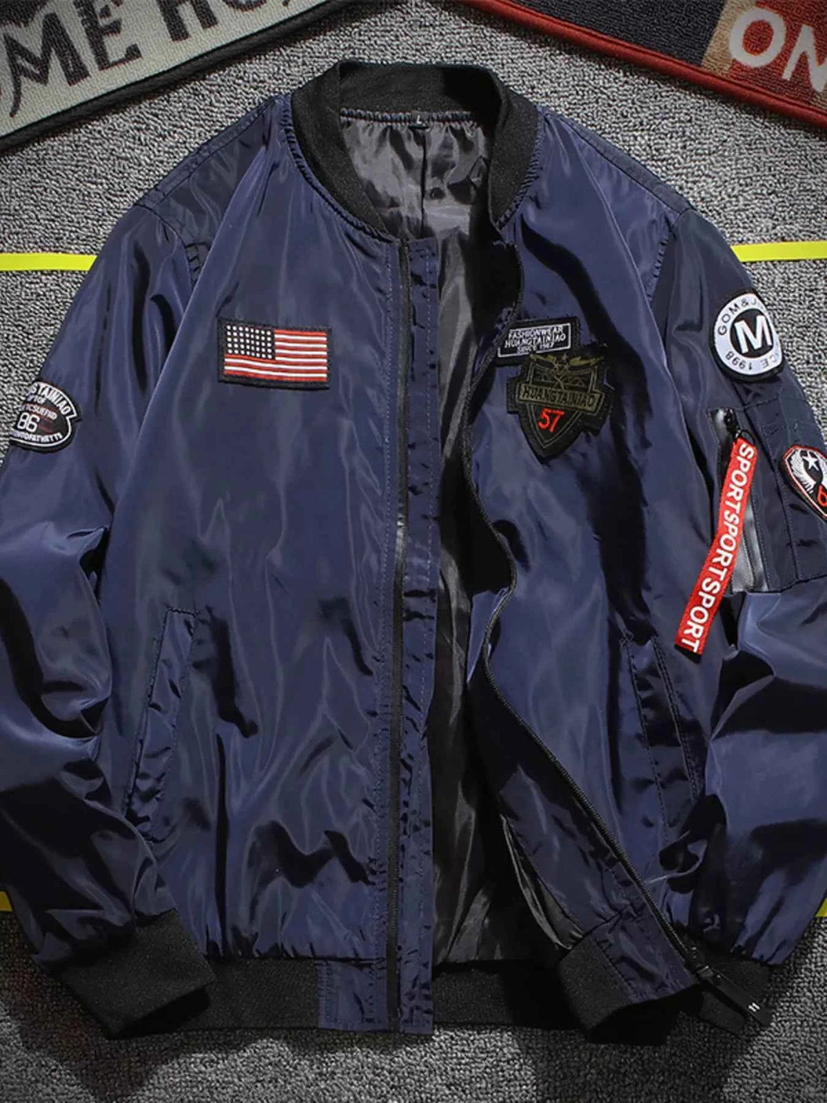 Men's Plus Size Military-Inspired Patched Bomber Jacket