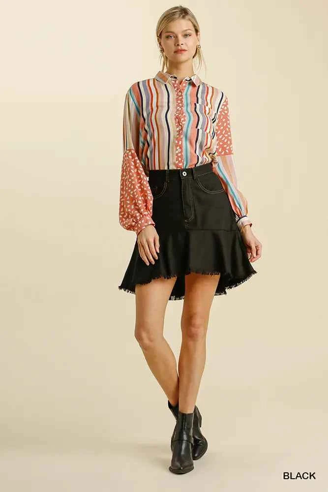 Umgee Linen Blend 5 Pockets High Low Skirt with Frayed Hem