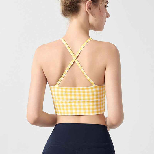 Womens Polka-Dot Plaid Printed Halterneck Tank Top With Cross-Over Design - VEX CLUB HOUSE