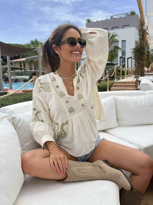 Womens Loose-fitting Cotton Embroidered Blouse - VEX CLUB HOUSE