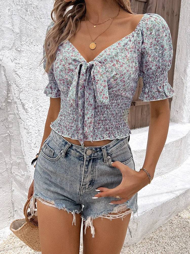 Floral V - neck Crop Top