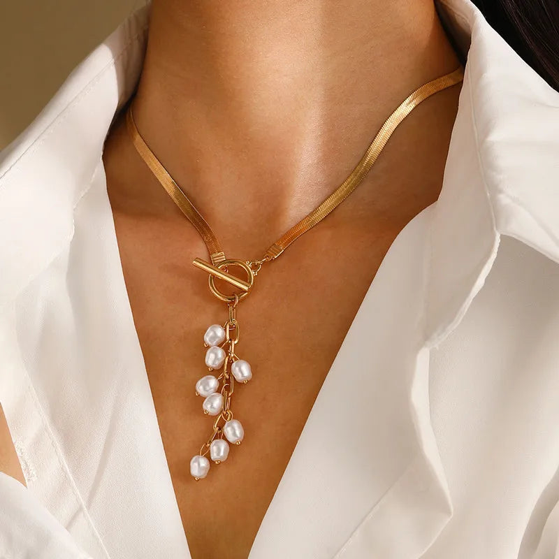 Pearl Tassel Flat Snake Bone Necklace