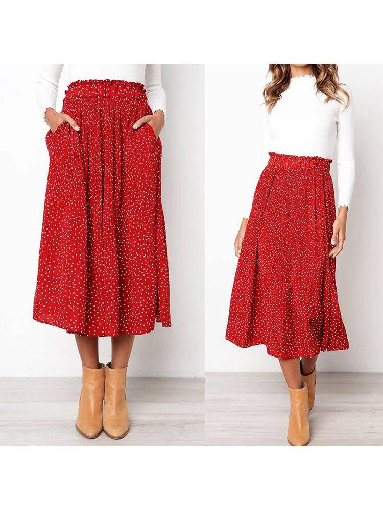 White Dots Floral Print  High Waist Skirts