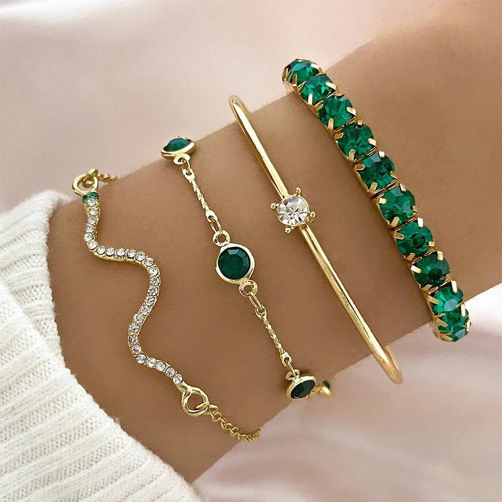 4Pcs/Set Snake Green Gemstone  Bracelet