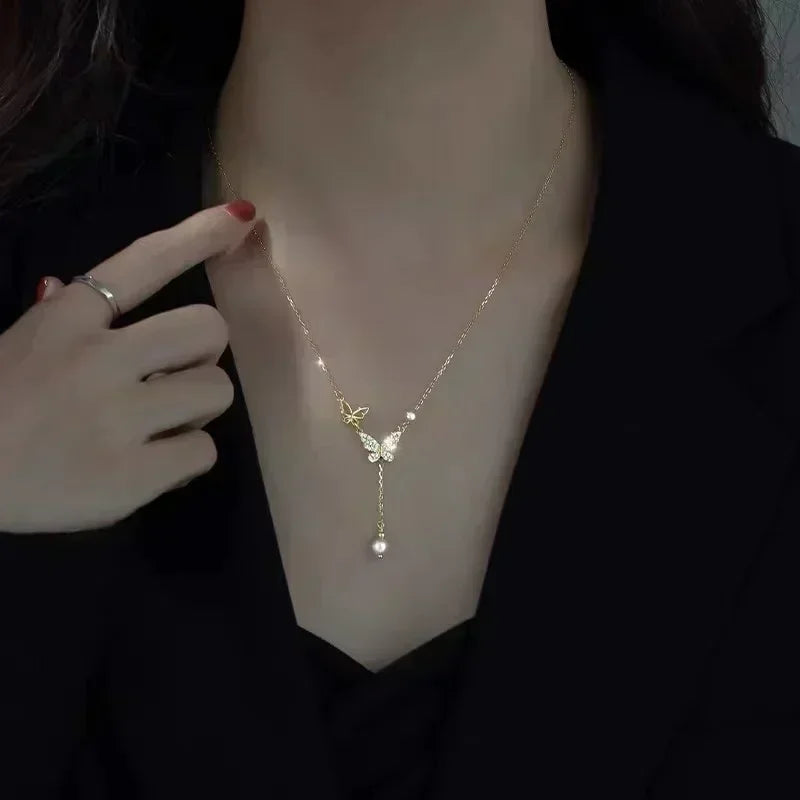 Pearl Tassel Flat Snake Bone Necklace