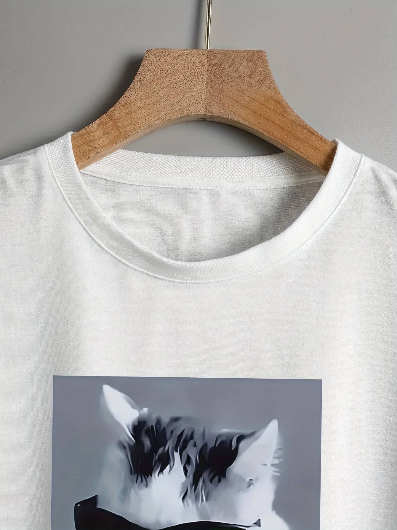 Cool Cat & Letter Print Crop T-Shirt