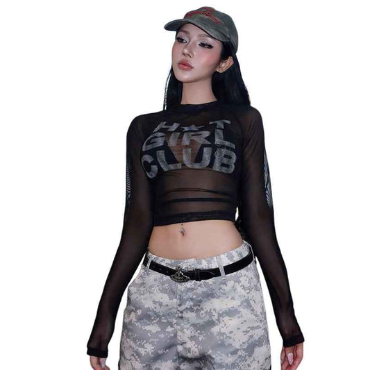 New Womens Fashion Short Top With A Round Neck Floral Print And Sheer Mesh Design - VEX CLUB HOUSE