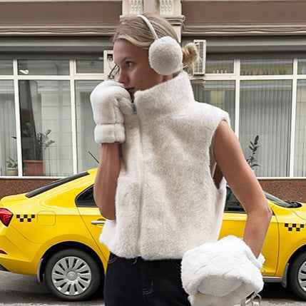 Faux Fur Stand Collar Sleeveless Top Cardigan Solid Color Zipper Vest Women's Vest - VEX CLUB HOUSE