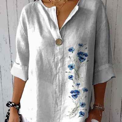 Womens Fashionable Long-Sleeve V-Neck Printed Shirt Top - VEX CLUB HOUSE