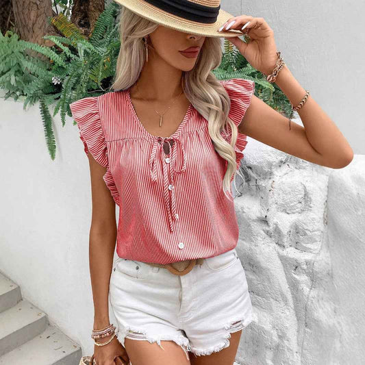 Loose Striped Top With French-Style Strap And Ruffle Sleeves - VEX CLUB HOUSE