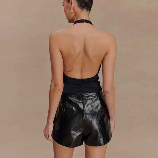 Women's Halter Top With Hollowed-Out Pleated Design And Open-Back Vest - VEX CLUB HOUSE