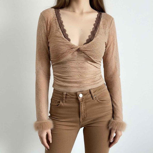 Soft-style Twist V-neck Lace Base Top Sexy, Figure-hugging Sweater With Fluffy Fabric Accents For A Sassy Look - VEX CLUB HOUSE