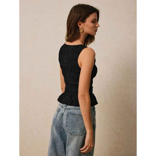 Womens Solid-Color Pleated Crew-Neck Casual Tank Top - VEX CLUB HOUSE