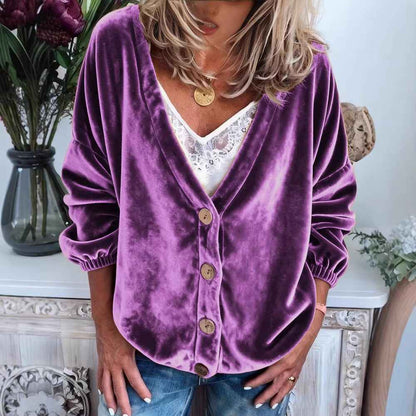 Womens Casual V-neck Long-sleeve Solid-color Cardigan Top - VEX CLUB HOUSE