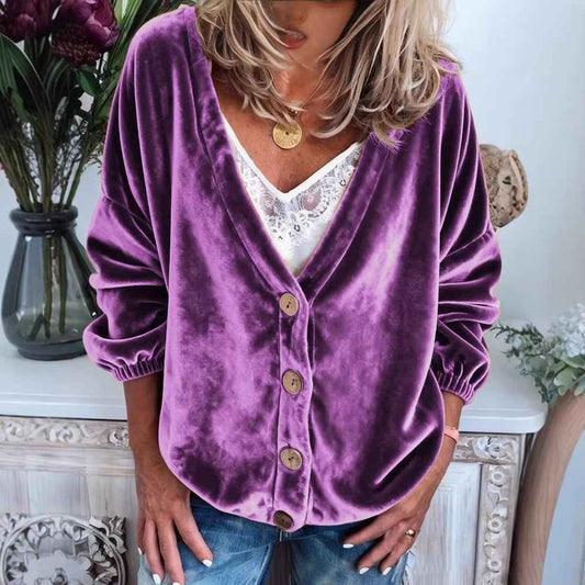Womens Casual V-neck Long-sleeve Solid-color Cardigan Top - VEX CLUB HOUSE