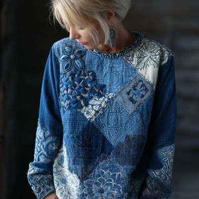 Womens Retro Bohemian Rose-Embroidered Loose Linen Top - VEX CLUB HOUSE