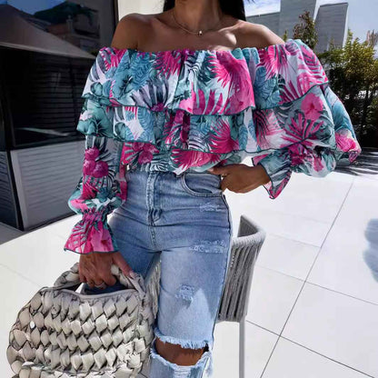 Fashionable Off-shoulder Print Blouse With A Boat Neckline - VEX CLUB HOUSE
