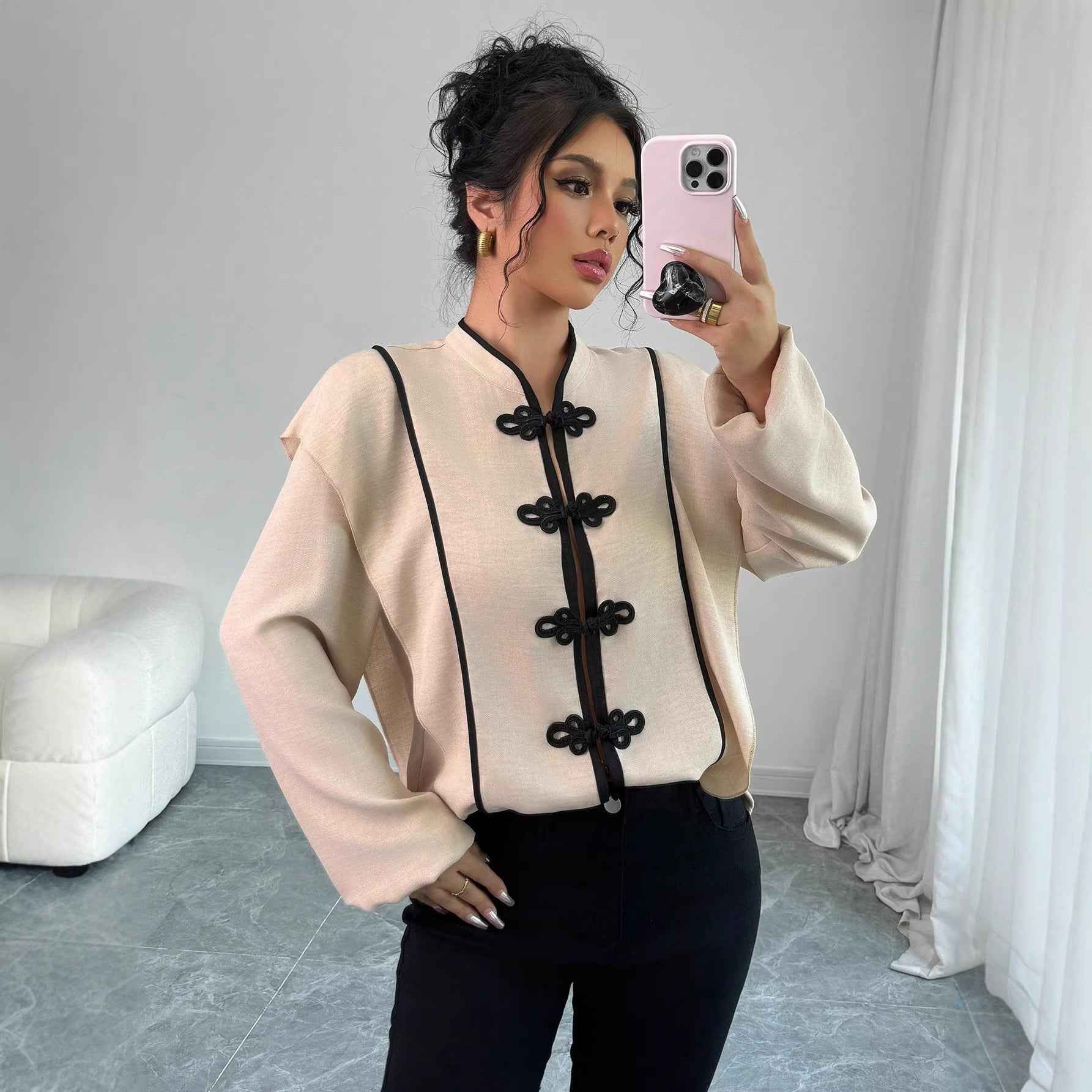 Womens Chinese-knot Ethnic-style Long-sleeve Blouse - VEX CLUB HOUSE