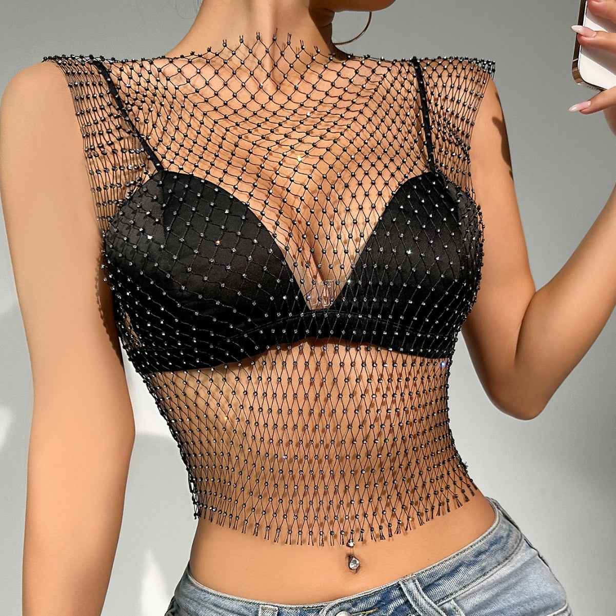 Net Drill Rhinestone Women's Clothing Short Sleeve Vest - VEX CLUB HOUSE