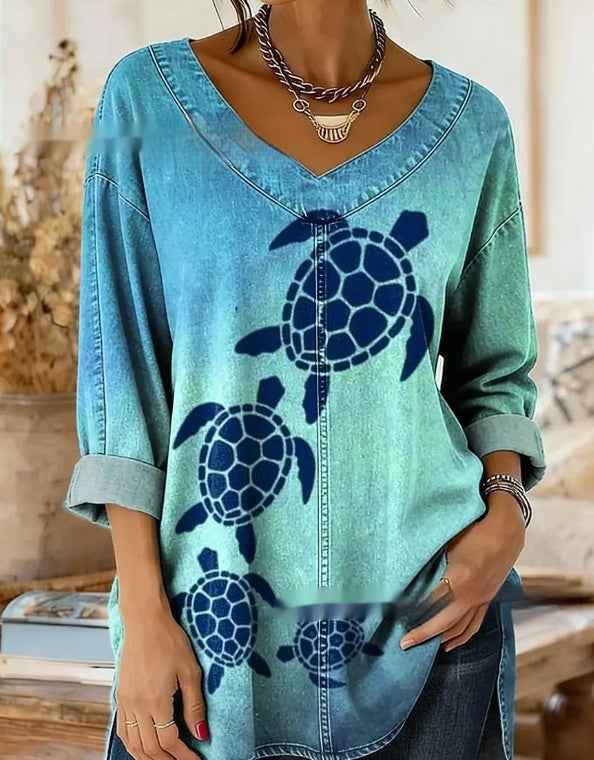 Retro Botanical Print Relaxed-fit Long-sleeve Casual Top - VEX CLUB HOUSE