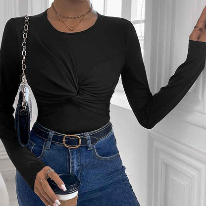 Womens Solid Color Minimalism Black Twist-Collar Bodysuit - VEX CLUB HOUSE