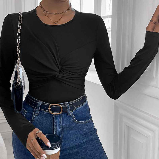 Womens Solid Color Minimalism Black Twist-Collar Bodysuit - VEX CLUB HOUSE