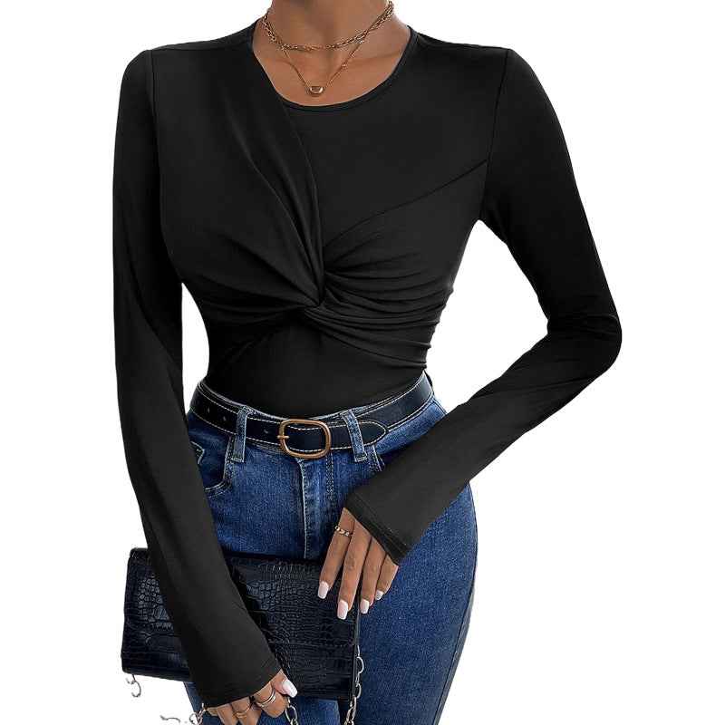 Womens Solid Color Minimalism Black Twist-Collar Bodysuit - VEX CLUB HOUSE