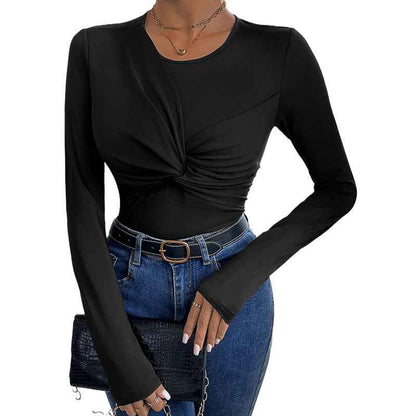 Womens Solid Color Minimalism Black Twist-Collar Bodysuit - VEX CLUB HOUSE