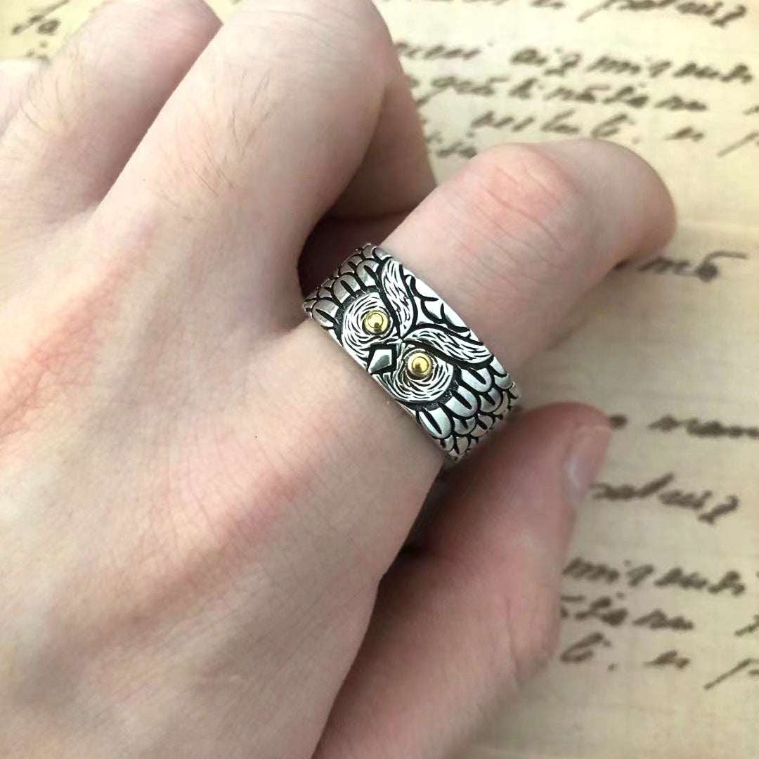 Plain Silver Retro Blue Glasses Owl Jewelry Ring Men And Women Design Owl Ring V E X C L U B H O U S E