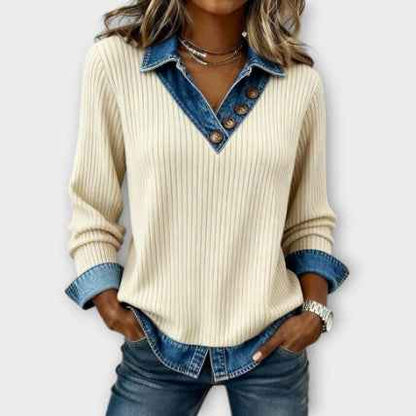 Womens Denim-Trim Patchwork Mock Two-Piece V-Neck Long-Sleeve Casual Top - VEX CLUB HOUSE