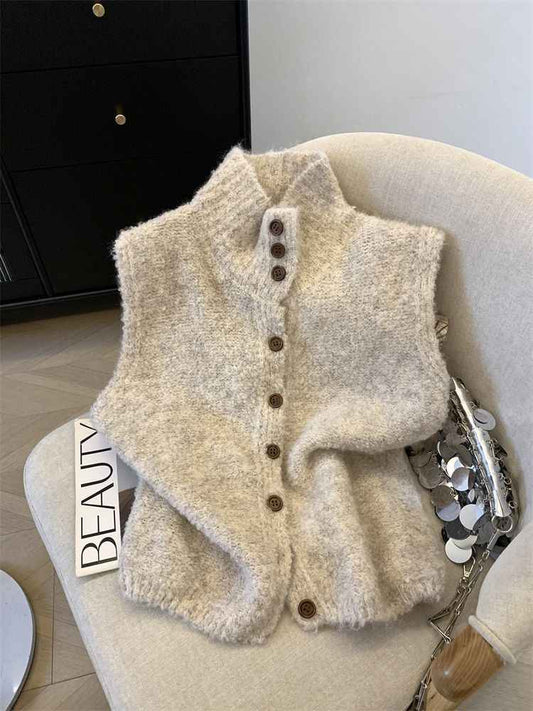 Korean-style Refined High-neck Single-breasted Solid Color Knitted Vest - VEX CLUB HOUSE