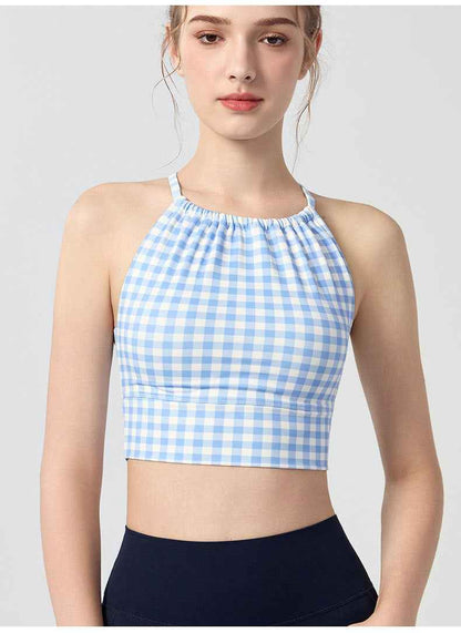 Womens Polka-Dot Plaid Printed Halterneck Tank Top With Cross-Over Design - VEX CLUB HOUSE