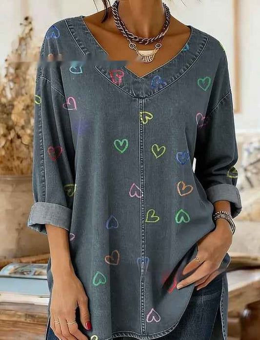 Retro Botanical Print Relaxed-fit Long-sleeve Casual Top - VEX CLUB HOUSE