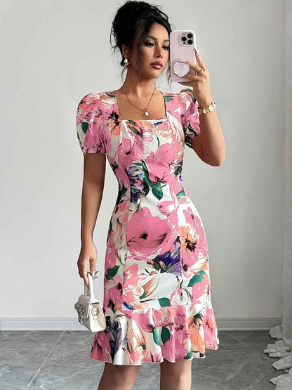 Womens Retro Square-Neck Puff-Sleeve Waist-Cinching Ruffle-Trim Dress - VEX CLUB HOUSE