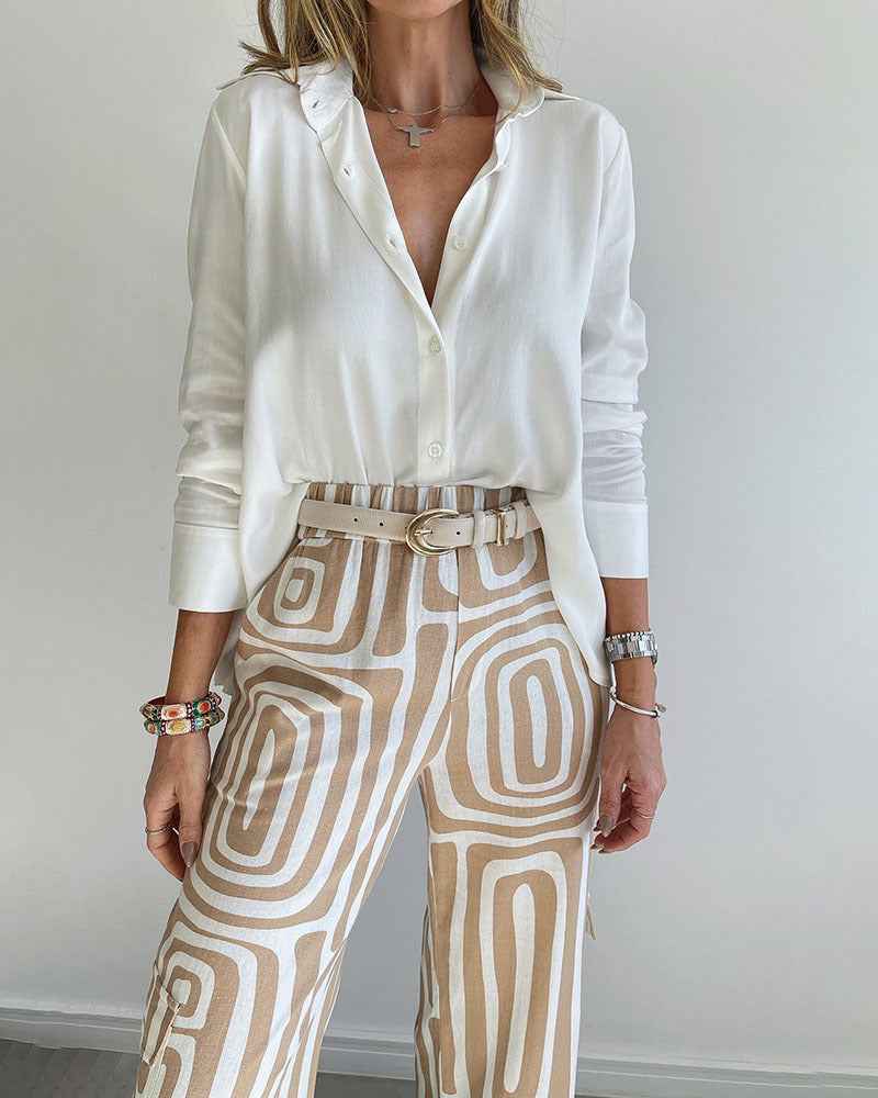 Women's Casual Long-sleeved Lapel Shirt Printed Wide-leg Pants Suit - VEX CLUB HOUSE
