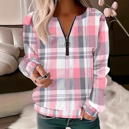 Womens Autumn Winter Printed Plaid Half-Zip Hoodie - VEX CLUB HOUSE