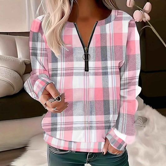 Womens Autumn Winter Printed Plaid Half-Zip Hoodie - VEX CLUB HOUSE