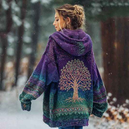 Hooded Cardigan With Tree Of Life Print Long-sleeved Cardigan - VEX CLUB HOUSE