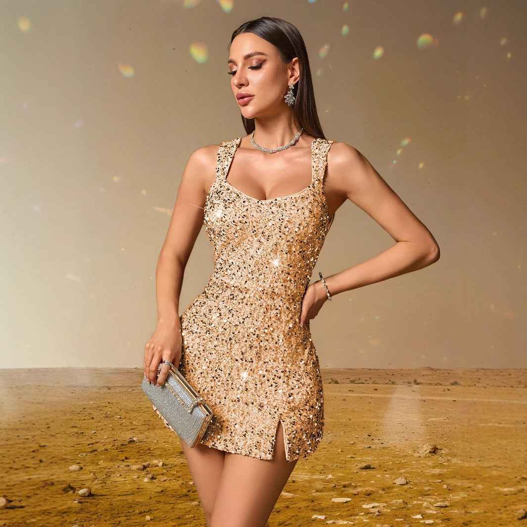 Womens Velvet Sequin Dress In Apricot And Silver - VEX CLUB HOUSE