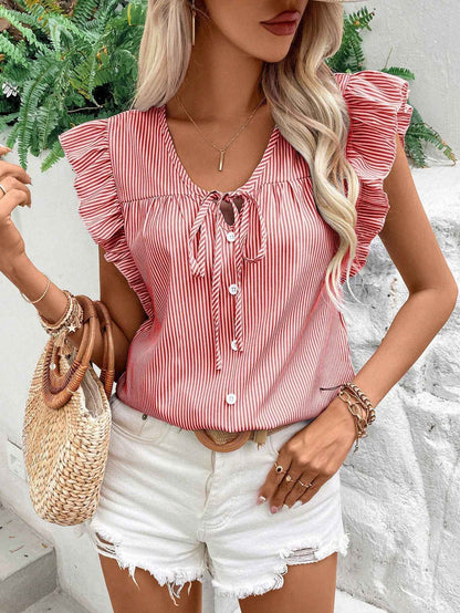 Loose Striped Top With French-Style Strap And Ruffle Sleeves - VEX CLUB HOUSE