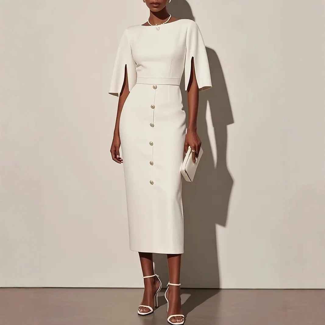 Summer Solid-Color Crew-Neck Defined-Waist Dress With Slit And Buttons - VEX CLUB HOUSE
