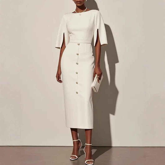 Summer Solid-Color Crew-Neck Defined-Waist Dress With Slit And Buttons - VEX CLUB HOUSE