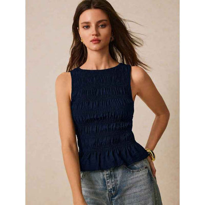 Womens Solid-Color Pleated Crew-Neck Casual Tank Top - VEX CLUB HOUSE