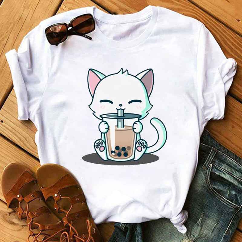 New Cute Milk Tea Print Short Sleeve Women - VEX CLUB HOUSE