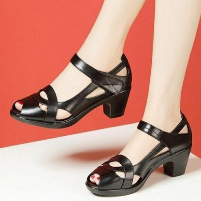 Women's Thick Bottom Soft Bottom Mid Heel Chunky Heel Peep Toe Sandals - VEX CLUB HOUSE