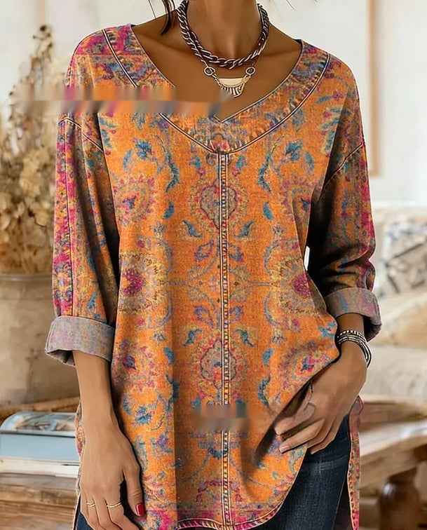 Retro Botanical Print Relaxed-fit Long-sleeve Casual Top - VEX CLUB HOUSE